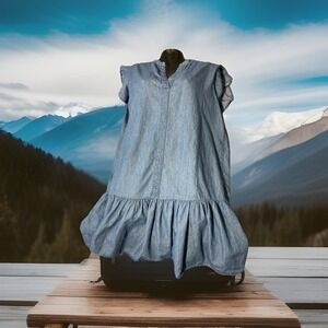 Giving Kale Denim Dress  100% Cotton Blue ruffle‎ cap sleeve Large